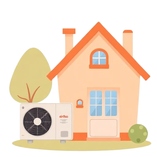 Cartoonish illustration of a modern heat pump HVAC system